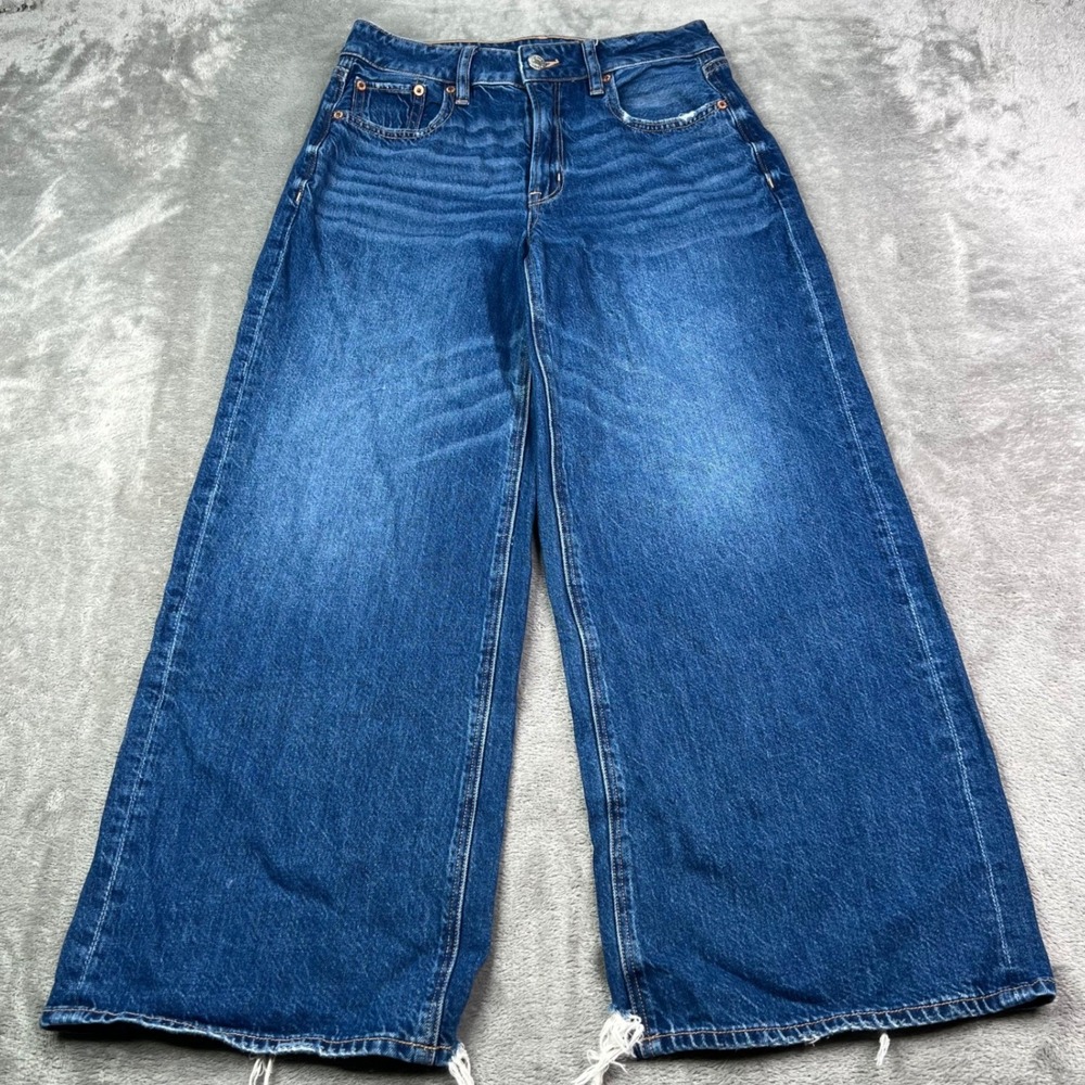 American Eagle Super High-Rise Baggy Wide Leg Ankle Jeans Womens 0 Short Stretch